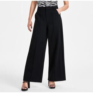 Bar III Women's High-Leg Wide-Leg Seamed Ponte Pants Deep Black Petite Size PL